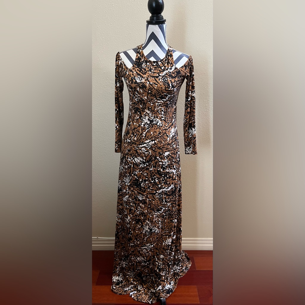 Rachel Pally Black/Brown Print Cold Shoulder Long Maxi Dress W Sleeves (Size M)